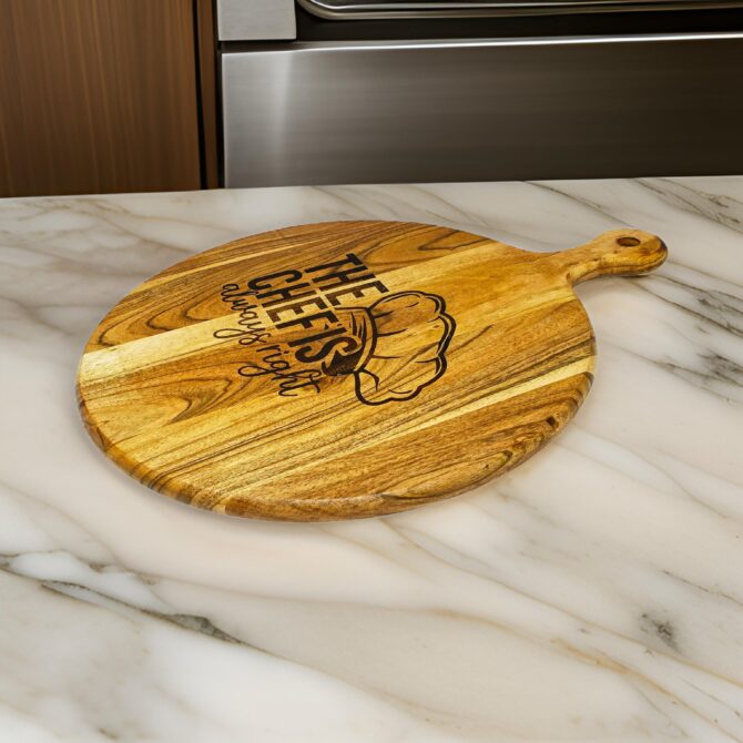 The Chef is Always Right - Round Acacia Wood Chopping & Serving Board with Handle