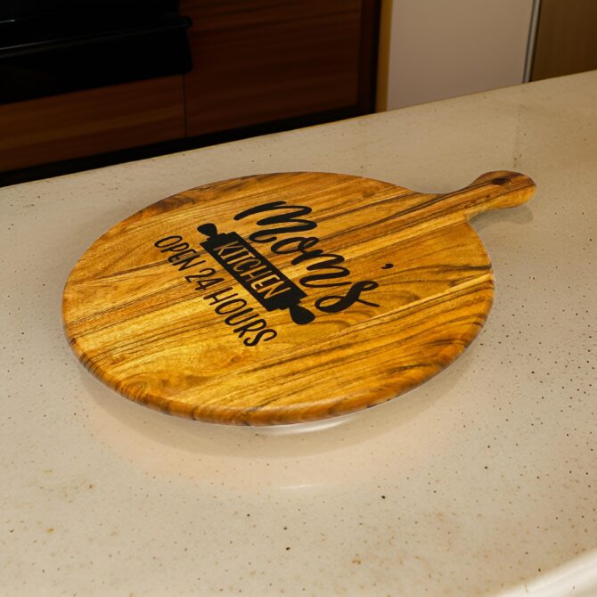 Mom’s Kitchen Open 24 Hours - Round Acacia Wood Chopping & Serving Board with Handle