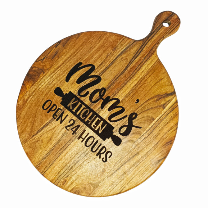 Mom’s Kitchen Open 24 Hours - Round Acacia Wood Chopping & Serving Board with Handle