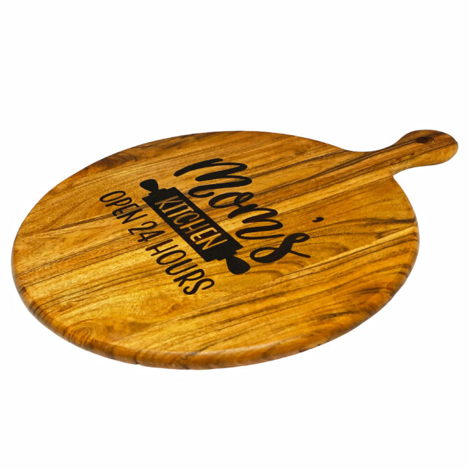 Mom’s Kitchen Open 24 Hours - Round Acacia Wood Chopping & Serving Board with Handle