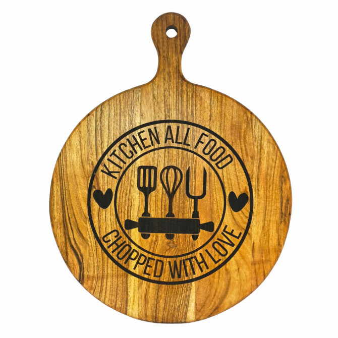 Kitchen All Food Chopped With Love - Acacia Wood Round Chopping & Serving Board with Handle