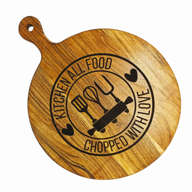 Kitchen All Food Chopped With Love - Acacia Wood Round Chopping & Serving Board with Handle