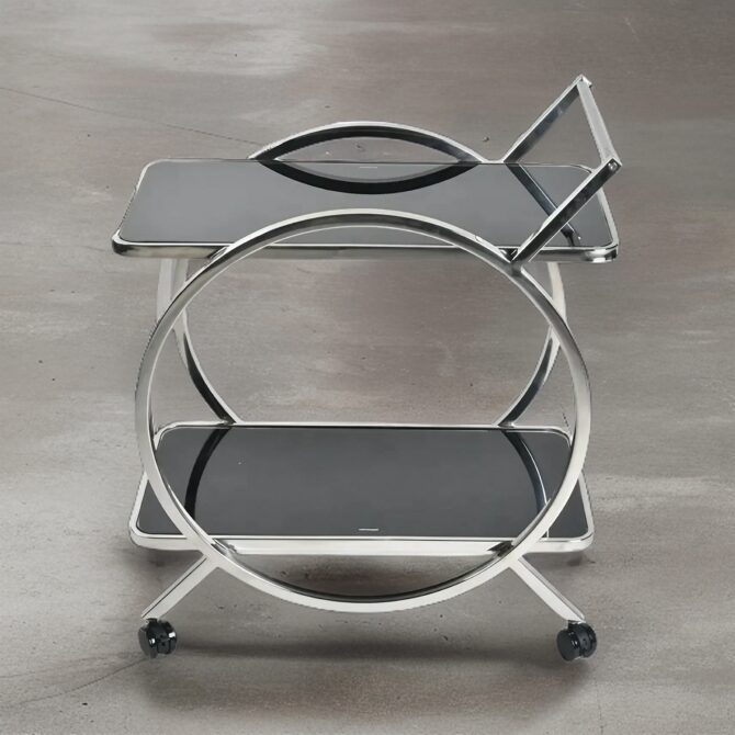 Modern Stainless Steel Bar Cart with Black Tempered Glass Shelves