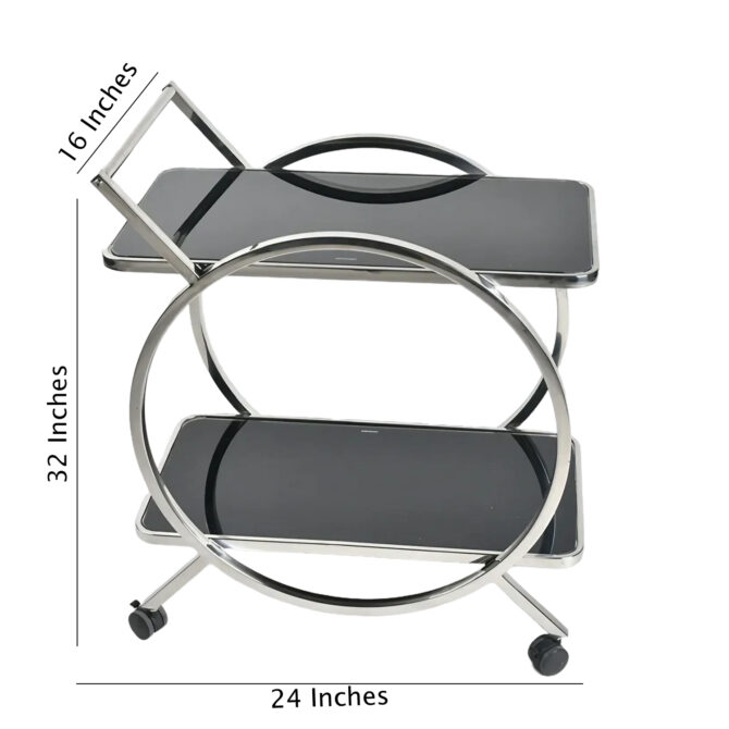 Modern Stainless Steel Bar Cart with Black Tempered Glass Shelves