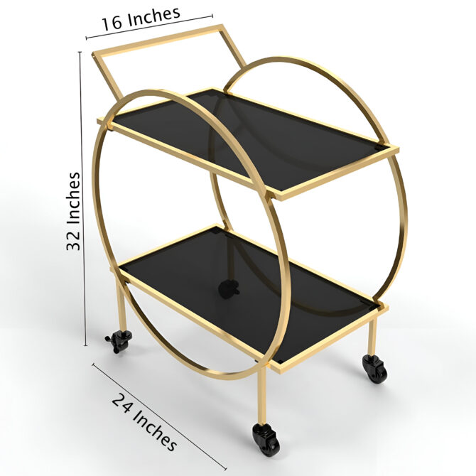 Elegant Gold-Finished 2-Tier Bar Cart with Black Tempered Glass Shelves