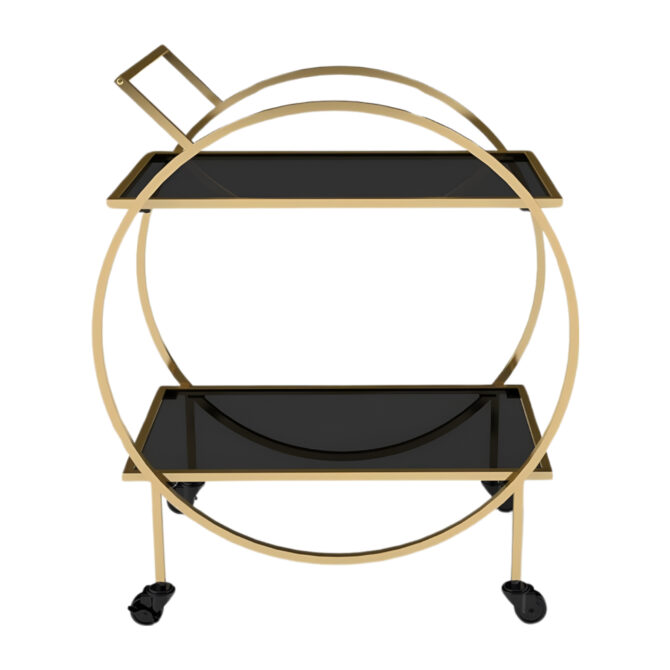 Elegant Gold-Finished 2-Tier Bar Cart with Black Tempered Glass Shelves