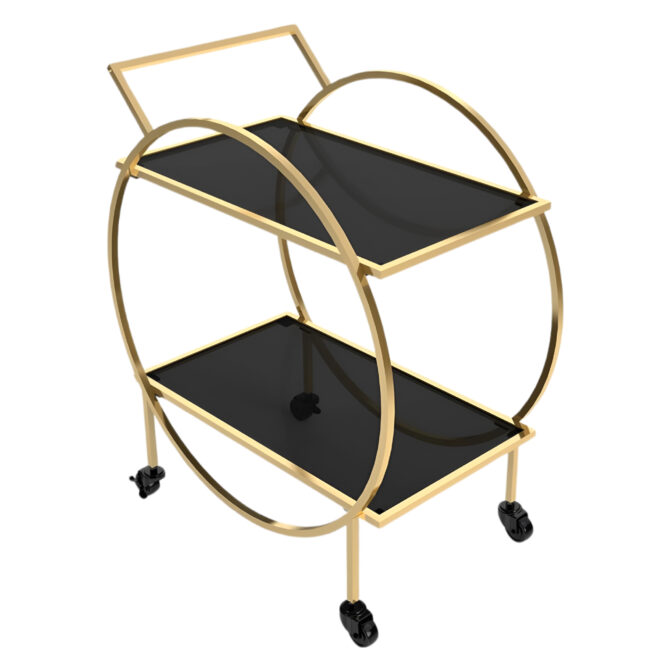 Elegant Gold-Finished 2-Tier Bar Cart with Black Tempered Glass Shelves