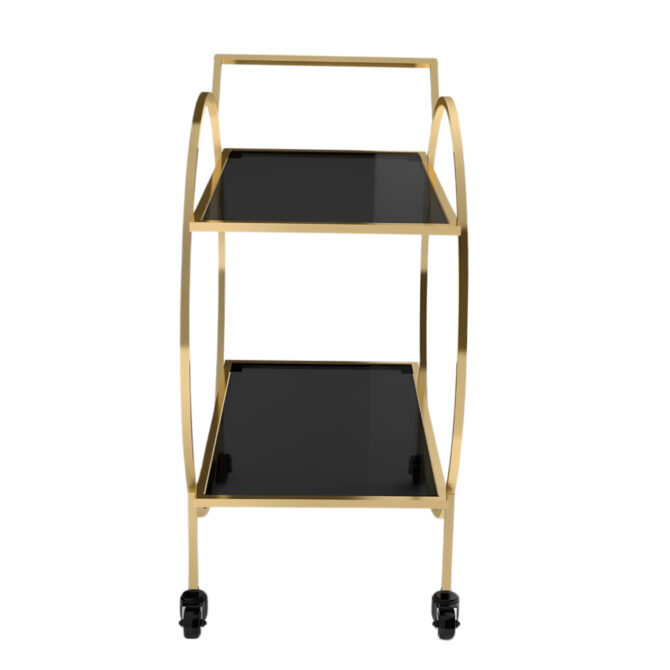 Elegant Gold-Finished 2-Tier Bar Cart with Black Tempered Glass Shelves