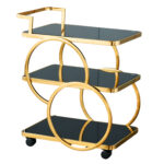 Three-Tier Gold Bar Cart with Black Tempered Glass Shelves | Luxury Rolling Beverage & Storage Cart