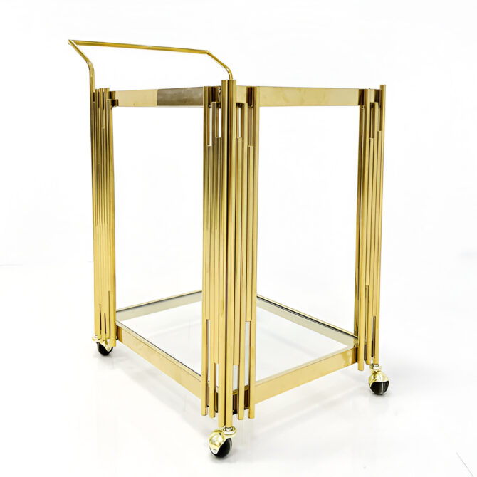 Luxurious Gold Bar Cart with Glass Shelves and Art Deco Design – Modern and Elegant Serving Trolley on Wheels