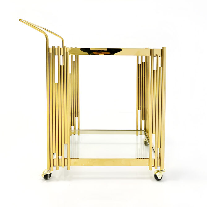 Luxurious Gold Bar Cart with Glass Shelves and Art Deco Design – Modern and Elegant Serving Trolley on Wheels