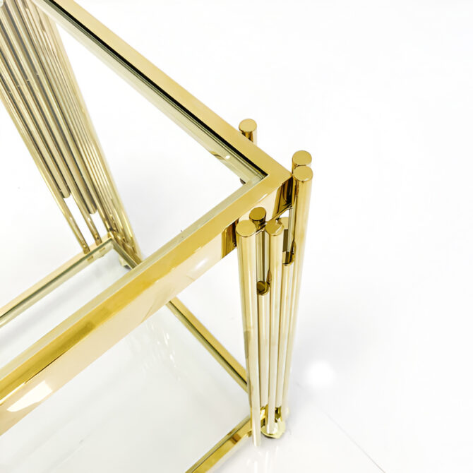 Luxurious Gold Bar Cart with Glass Shelves and Art Deco Design – Modern and Elegant Serving Trolley on Wheels