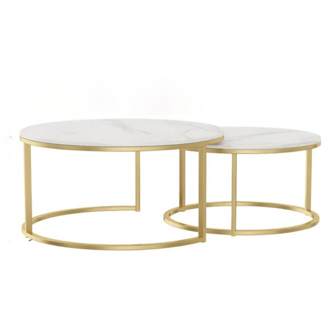 Modern Nesting Coffee Table Set – White Marble Finish with Gold Frame