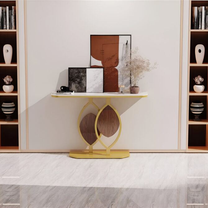 Modern Art Deco Console Table with Marble Top and Unique Geometric Base Design