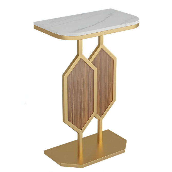 Elegant Modern Marble Top Console Table with Gold and Wood Geometric Base