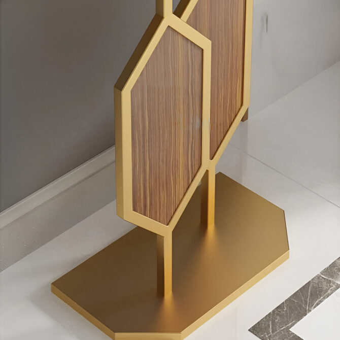 Elegant Modern Marble Top Console Table with Gold and Wood Geometric Base