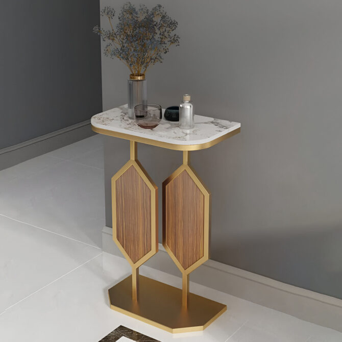 Elegant Modern Marble Top Console Table with Gold and Wood Geometric Base