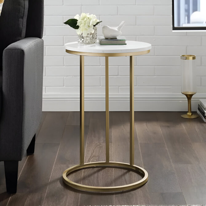 Round Modern Side Table with Gold Frame and White Marble Top – Perfect Accent for Living Room or Bedroom