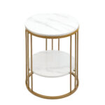 Round Marble Top Side Table with Gold Frame and Shelf – Modern Accent Table for Living Room or Bedroom