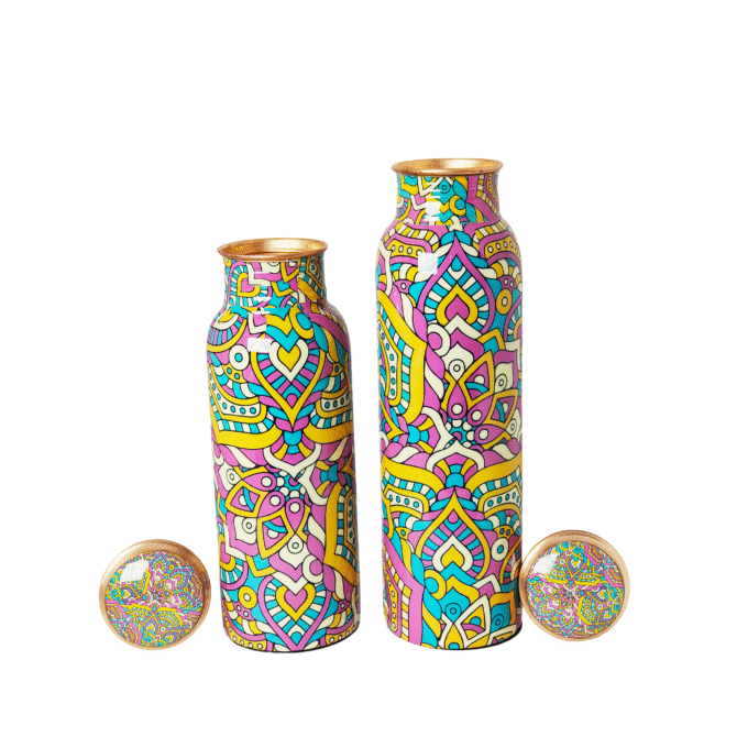 Set of 1000 ml & 750 ml Pure Copper Bottles with Mandala Design – Complete Hydration & Ayurvedic Wellness