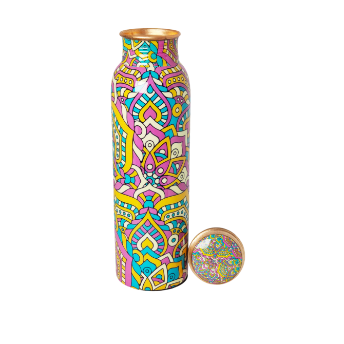 1000 ml Pure Copper Water Bottle with Colorful Mandala Design – Ayurvedic Health Benefits & Eco-Friendly