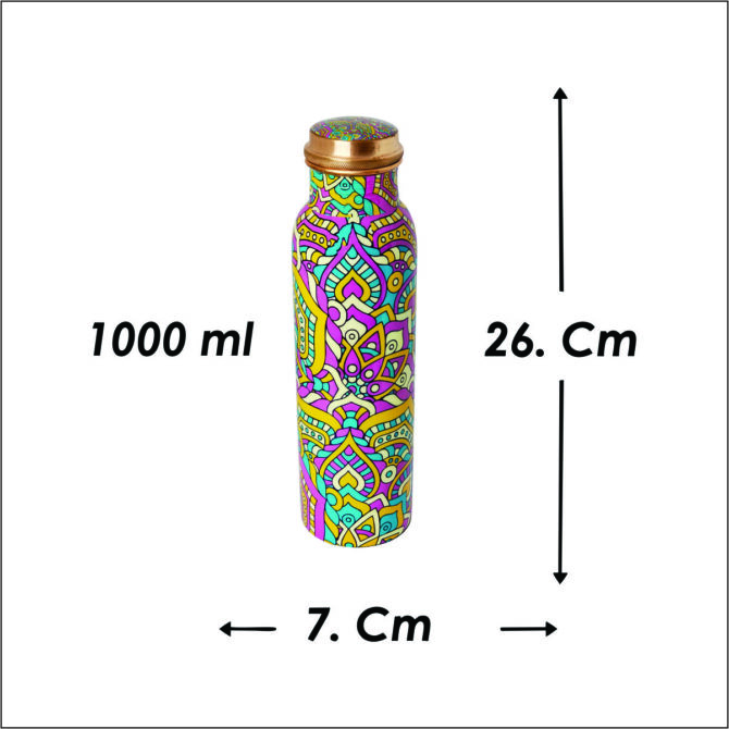 1000 ml Pure Copper Water Bottle with Colorful Mandala Design – Ayurvedic Health Benefits & Eco-Friendly