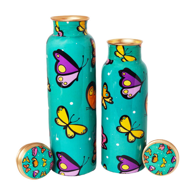 Butterfly Design Copper Bottle Set – 1000 ml & 750 ml, Health Benefits, Eco-Friendly Gift Set