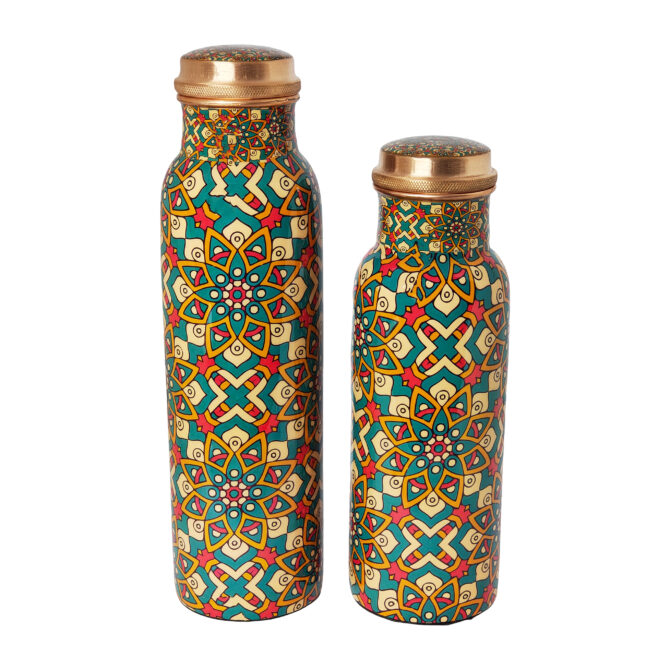 Set of 1000 ml & 750 ml Pure Copper Bottles with Mandala Design – Complete Ayurvedic Wellness & Eco-Friendly