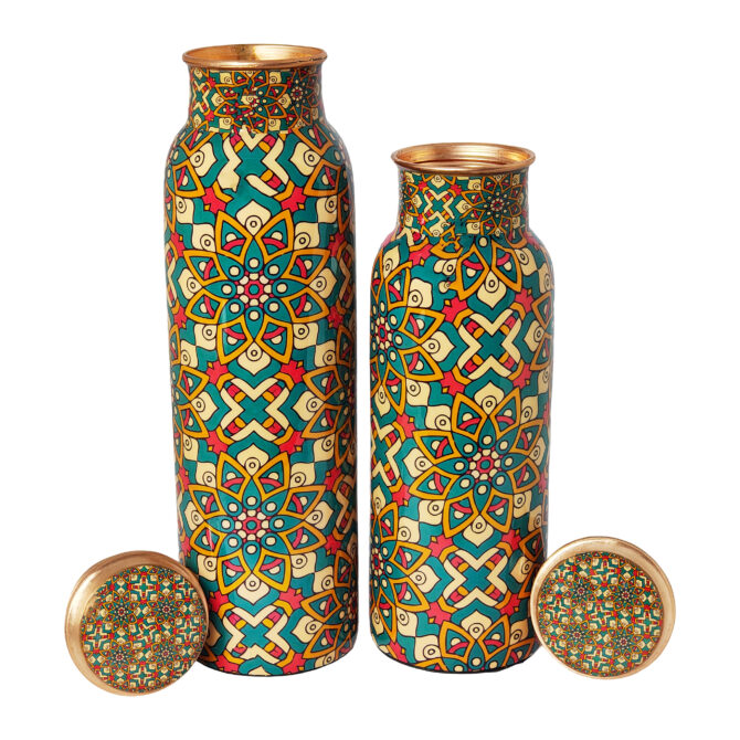 Set of 1000 ml & 750 ml Pure Copper Bottles with Mandala Design – Complete Ayurvedic Wellness & Eco-Friendly