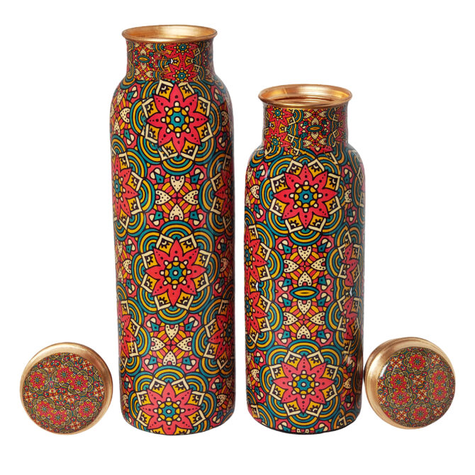 Mandala Pattern Copper Bottle Set (1000 ml & 750 ml) – Ayurvedic Benefits & Unique Gift Idea