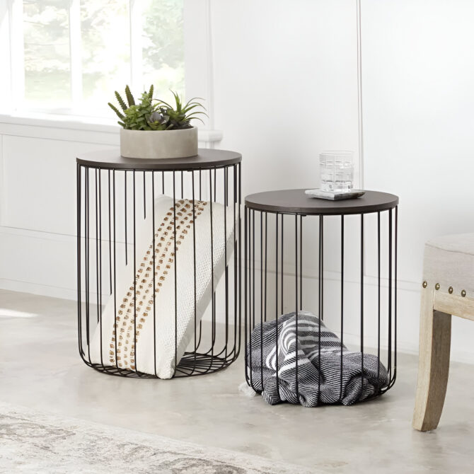 Modern Black Wire Basket End Tables – Set of 2 Versatile Storage and Display Tables