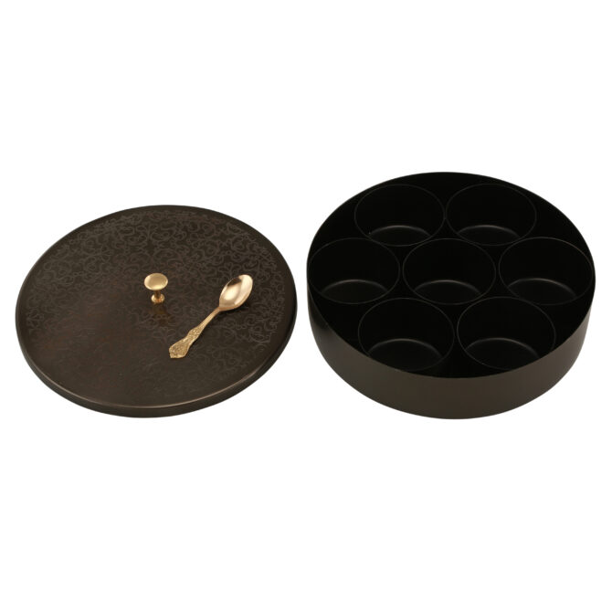 Matte Black Brass Masala Box with Engraved Lid & Cups – Premium Spice Organizer