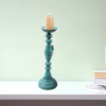 Decorative Pillar Candle Holder, Teal Blue, Vintage Style, Tall Standing Design