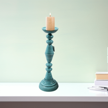 Decorative Pillar Candle Holder, Teal Blue, Vintage Style, Tall Standing Design