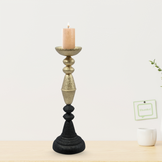 Decorative Pillar Candle Holder, Gold and Black Vintage Style