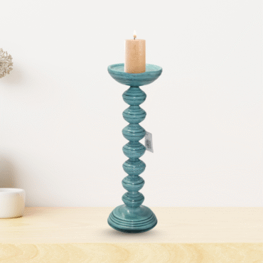 Decorative Pillar Candle Holder, Turquoise Blue, Stacked Ball Design, 46 cm Tall