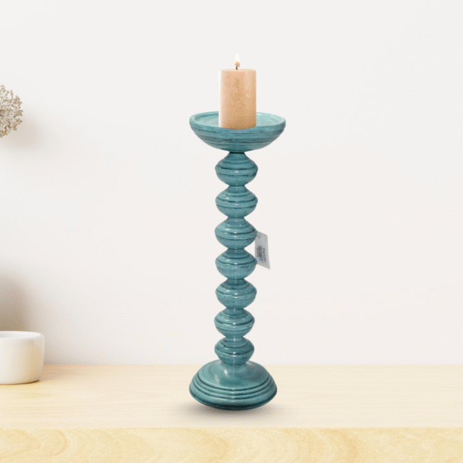 Decorative Pillar Candle Holder, Turquoise Blue, Stacked Ball Design, 46 cm Tall