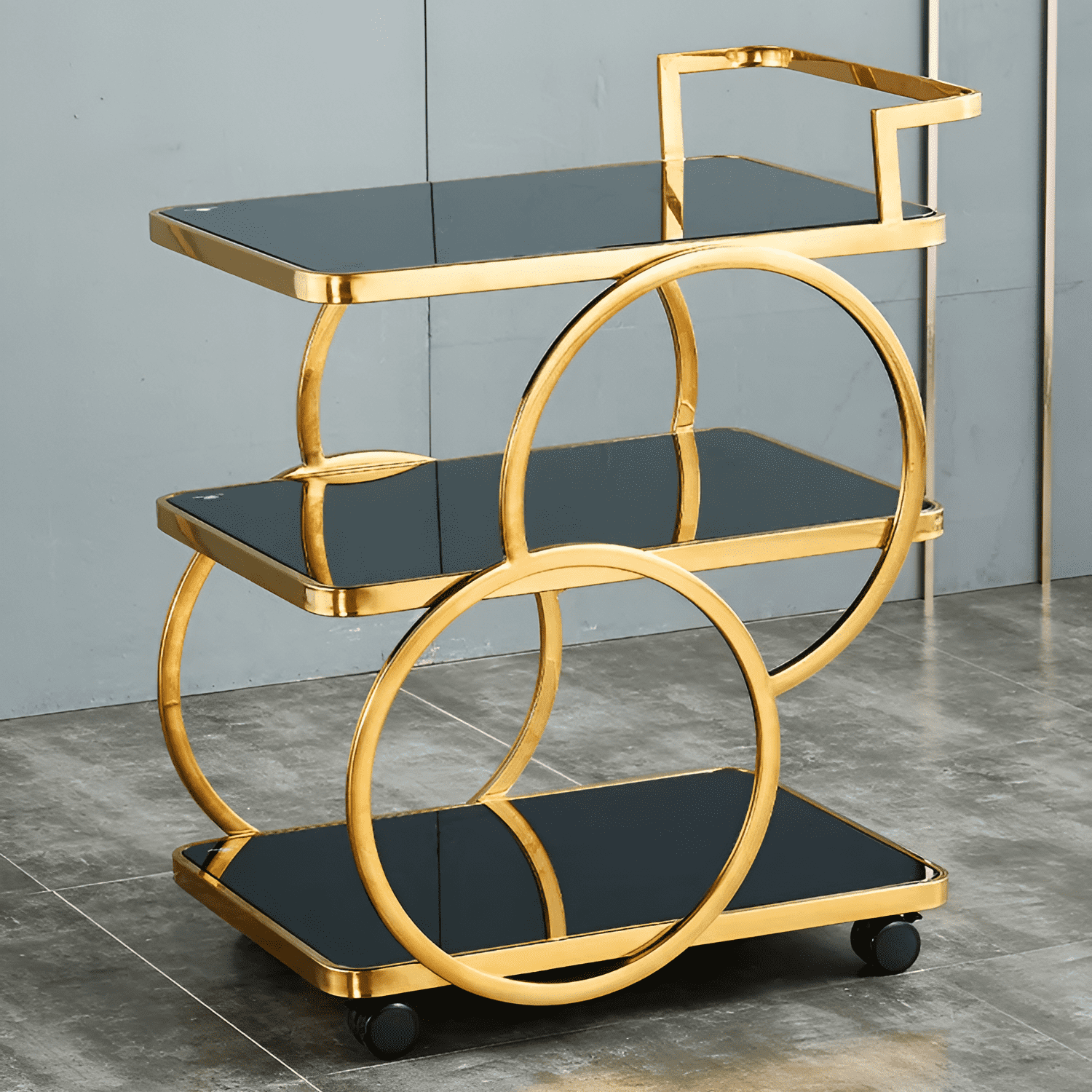 Three-Tier Gold Bar Cart with Black Tempered Glass Shelves | Luxury Rolling Beverage & Storage Cart - Image 2