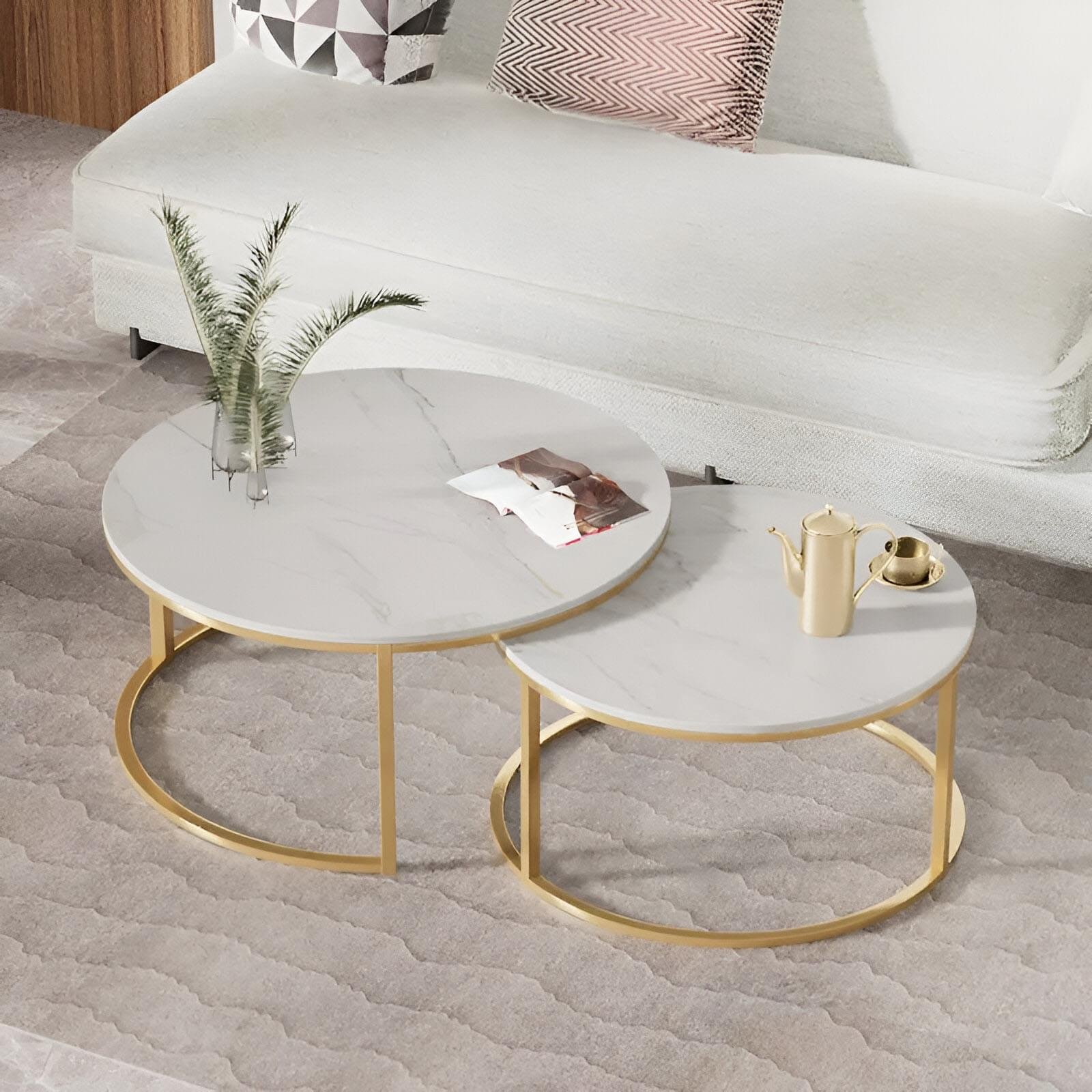 Modern Nesting Coffee Table Set – White Marble Finish with Gold Frame - Image 5